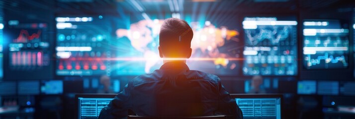 A professional sits in a futuristic control room, analyzing multiple screens displaying data, charts, and world maps with glowing visuals.