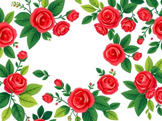 Whimsical and playful floral pattern featuring bright red roses and lush green leaves arranged in a circular motion, garden, playful look