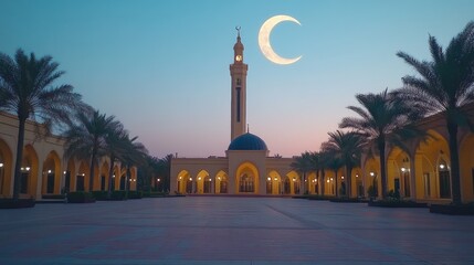 Crescent moon over a mosque at dusk.
