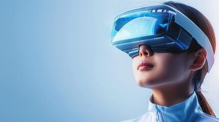 Woman wearing an advanced virtual reality headset, immersed in digital technology, against a blue gradient background.