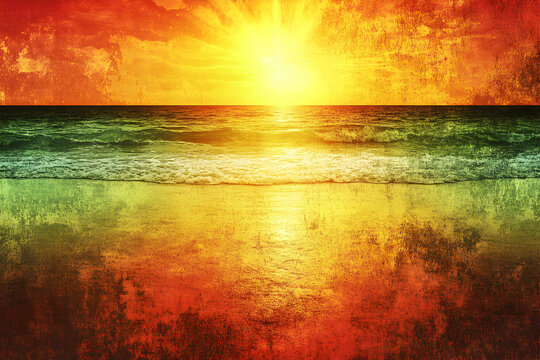 Vibrant sunset over tranquil ocean waves meeting sandy beach; textured, artistic style.