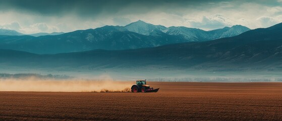 Tractor cultivates field against a backdrop of snowy mountains under a bright sky