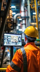photograph of Engineer looks at a monitor showing industrial automation in an oil and gas plant.