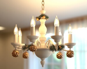 Elegant holiday chandelier with garlands and golden ornaments