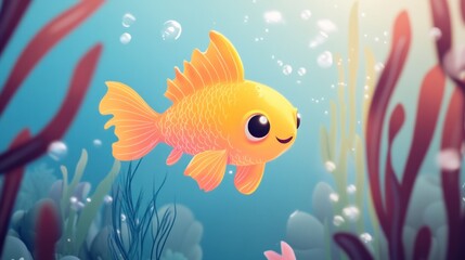 Fototapeta premium Cute Cartoon Goldfish Swimming in Blue Water