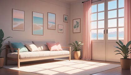 Fototapeta premium a serene pastel color palette. The scene should feature detailed textures and natural lighting, creating a dreamy ambiance