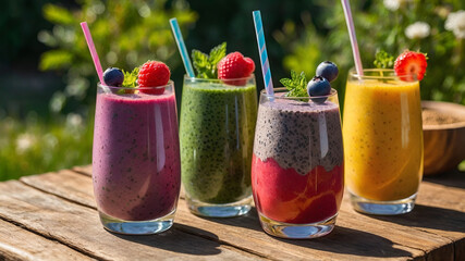 Vibrant tasty and healthy smoothies with chia seeds and mixed fruits on the table in sunny garden. Best-selling fruit cocktails offer. Fruit smoothies with straws on wooden table in the garden. 