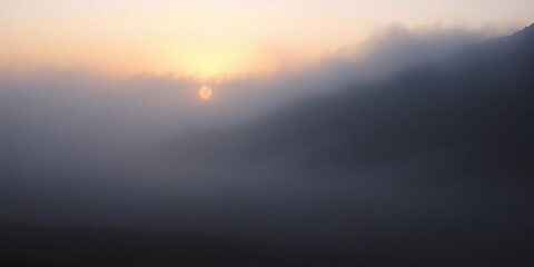 Fototapeta premium Misty dawn landscape with a beam of light shining through the fog, serene backdrop, soft light, atmospheric effect