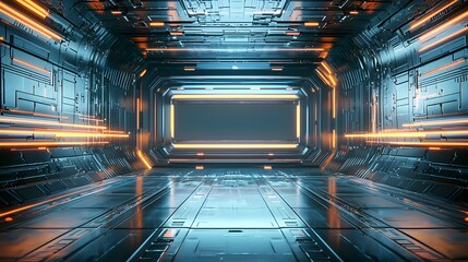 A futuristic metallic silver background with a smooth, brushed surface and a central glowing space