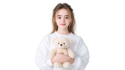 A young person holding a teddy bear, conveying warmth and innocence. Transparent background.