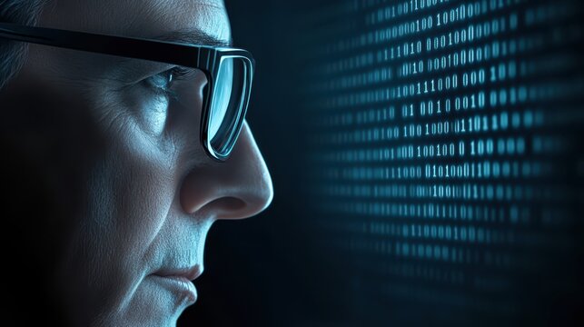 Focused woman with glasses working on computer, office productivity and technology in action