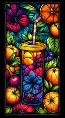 Vibrant drink surrounded by colorful flowers and fruits in a stylized illustration.