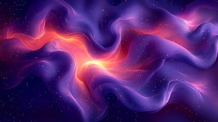 Abstract swirling vibrant purple and orange energy flow with golden particles.