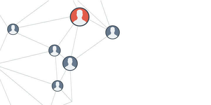 Network connections with profile icons linked by lines, featuring a red highlighted profile. Social network concept.
