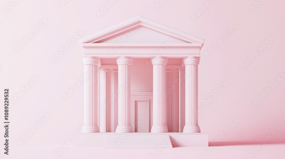 Poster a minimalist pink architectural structure resembling a classical building.
