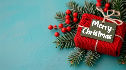 Christmas gift with festive greenery and decor.
