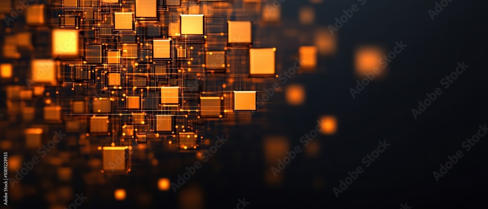 Poster abstract glowing blocks create a dynamic technological background.