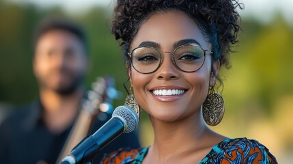 Confident and charismatic African woman performing on a stage with a microphone showcasing her talent and radiating joy and enthusiasm in front of an audience