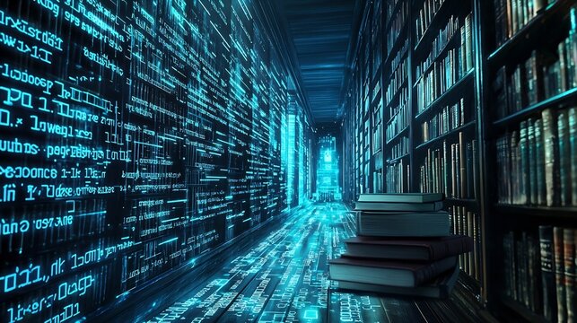Glowing Digital Library   Illuminated Futuristic Knowledge Sanctuary