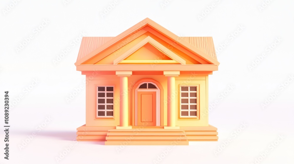 Poster a stylized, orange house with columns and a triangular roof, representing home design.