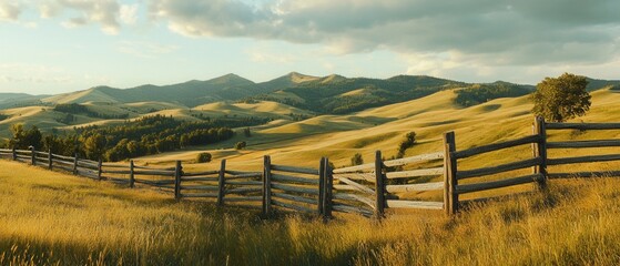 Picturesque landscape view of rolling hills and a rustic wooden fence under a vibrant sky during golden hour in a serene rural setting