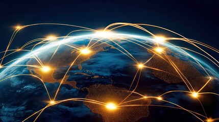 A glowing globe surrounded by bright lines connecting the earth's continents, representing global connectivity and communication.