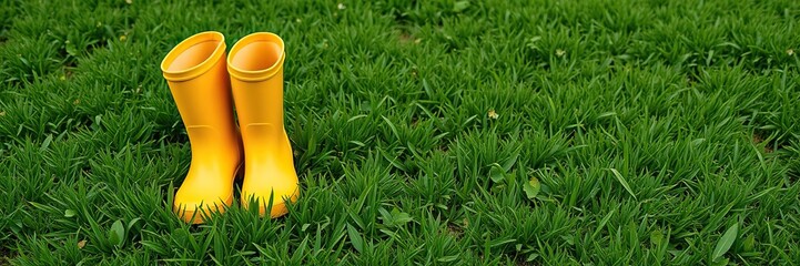 Yellow rubber boots sitting on a lush green lawn, yellow rubber boots, boots, nature