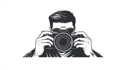 Photographer vector logo with a camera from a front-view perspective.