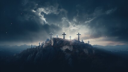 Obraz premium photograph of Three crosses on the hill and Jesus tomb with clouds moving on the starry sky
