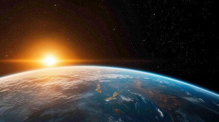 Fototapeta premium Breathtaking aerial view of the Earth s atmosphere and surface at sunrise with a vibrant sky and the Milky Way galaxy visible in the background