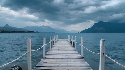 Obraz premium Wooden pier on the sea, dark clouds in front of it, calm water surface, distant view of mountains, panoramic photography