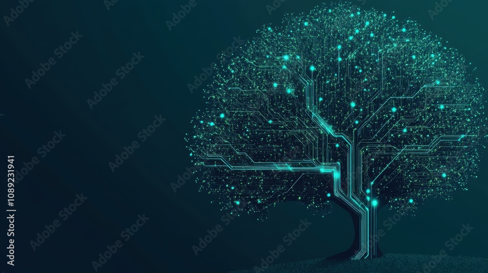 Poster abstract representation of a glowing tree with circuit lines and digital elements against a dark bac