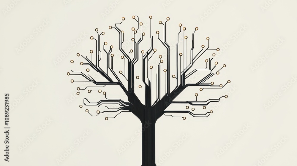 Poster abstract representation of a tree merged with technology and circuitry, symbolizing the connection b