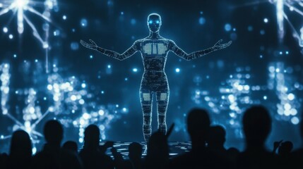 Obraz premium Futuristic Holographic Robot Displaying Digital Art at a High-Tech Event with Audience in Awe, Enveloped in Light and Technology