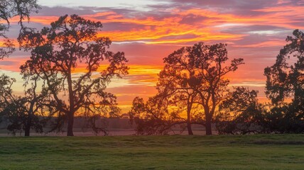 Naklejka premium The fiery glow of a sunset behind a silhouette of trees