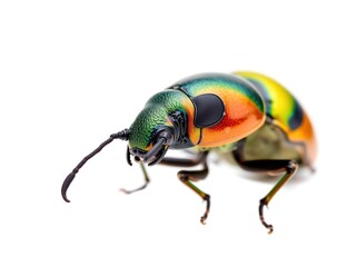 Naklejka premium Close-up portrait of a beetle's head with vibrant colors and detailed features, against a plain white background, beetle, insect life, nature