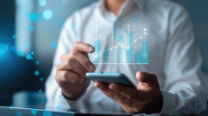 Professional using a smartphone to analyze digital financial graphs and charts, showcasing data trends and growth.