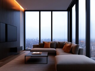 modern living room with city skyline view