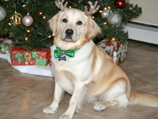 Golden retriever with reindeer antlers sitting by a decorated tree holiday spirit