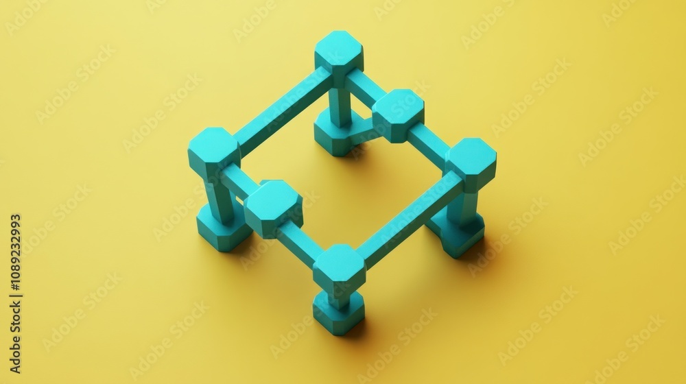 Poster a 3d geometric structure with hexagonal and cylindrical elements on a yellow background.