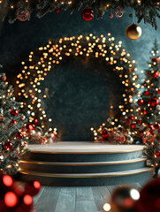 Christmas holiday festival party decoration blank product display stage background with huge wreath and christmas tree, ornament balls. Generative ai.