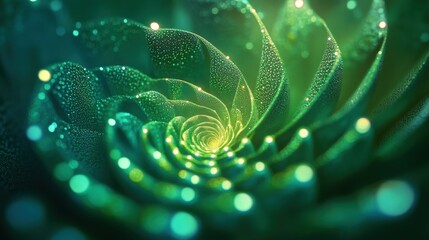 abstract green spiral pattern with glowing dots and water droplets