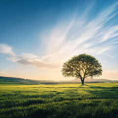 Obraz premium Majestic Lone Tree Standing in a Vibrant Green Field Under a Bright Blue Sky with Wispy Clouds and Warm Sunlight at Sunrise or Sunset in Natural Landscape
