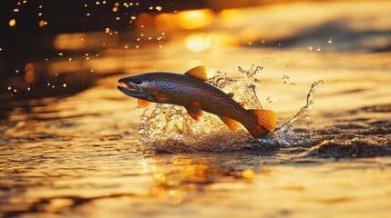 Fototapeta premium Vibrant Trout Leaping Through Shimmering Water at Sunset, Capturing the Essence of Nature's Beauty and the Thrill of Fishing Adventures in a Serene Environment