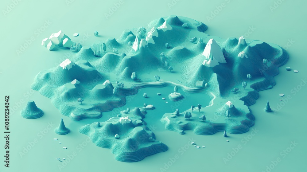 Poster abstract 3d representation of a mountainous landscape in a teal color palette.