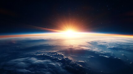 Aerial view of Earth from space with sun creating warm glow, dark sky, visible horizon, and snow-covered land.