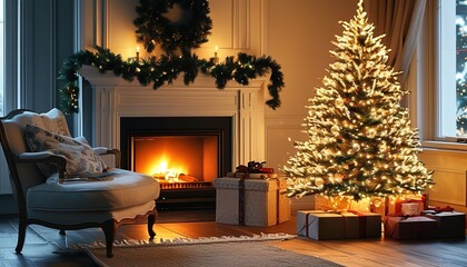 Warm and welcoming holiday haven: cozy living room with glowing christmas tree, fireplace and beautifully wrapped festive gifts