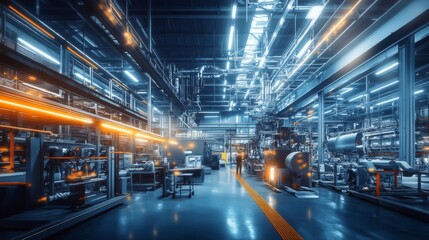 Large Industrial Workshop with Multiple Levels, Machinery, and Workers in Futuristic Blue and Orange Atmosphere