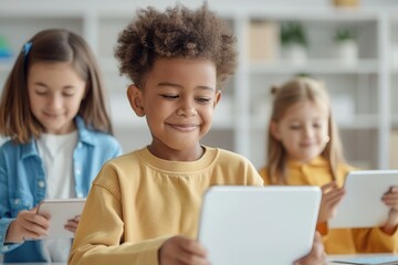 Group of children in a bright classroom engaging with tablets for digital learning, smiling and enjoying interactive educational activities.