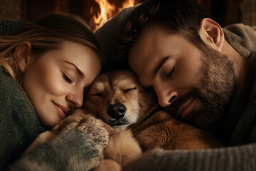 A cozy image of a family cuddled up with pets by the fireplace, highlighting the warmth of the holiday season. A family snuggling with their pets.


